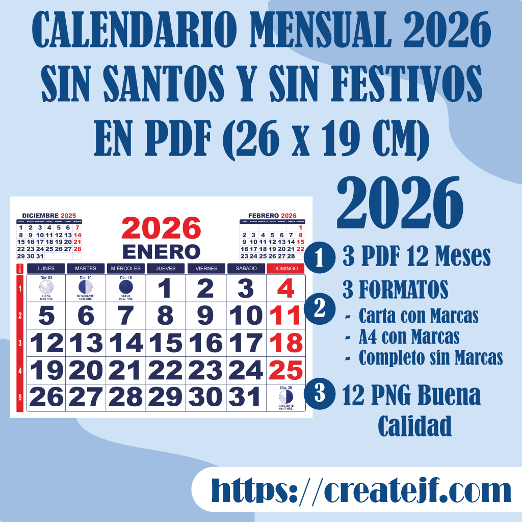 Calendario Mensual 2026 sin Santos y Sin Festivos en PDF (26 x19 CM)