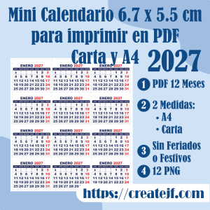 Mini Calendario 6.7 x 5.5 cm 2027 Sin Feriados o Festivos (Neutro) para imprimir en PDF Carta y A4