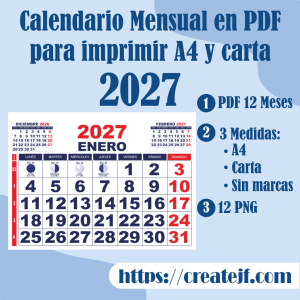 Calendario Mensual 2027 sin Santos y Sin Festivos en PDF (Neutro)